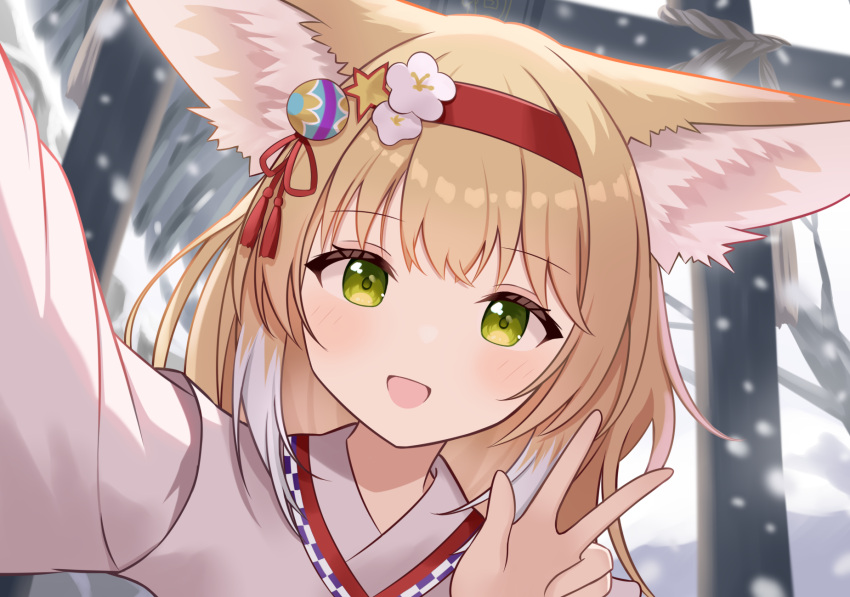1girl, :d, animal_ears, arknights, blonde_hair, colored_tips, commentary, flower
