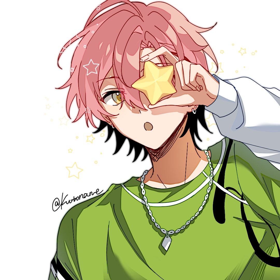 1boy, :o, commentary, earrings, ensemble_stars!, fingernails, hand_up, hoop_earrings
