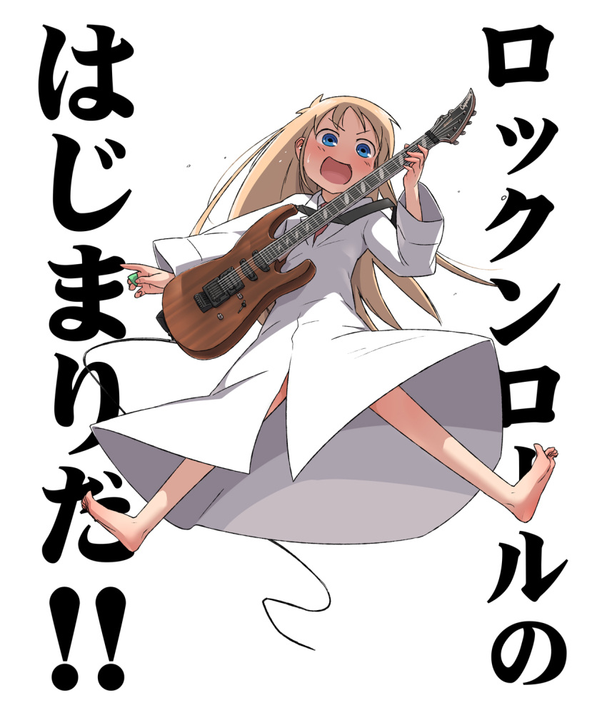 bad_id, barefoot, blonde_hair, blue_eyes, child, electric_guitar, feet, guitar