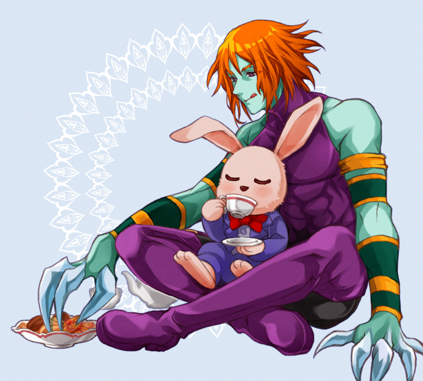 2boys, armor, blue_background, blue_pants, blush, bow, bowtie, castlevania:_aria_of_sorrow, castlevania:_dawn_of_sorrow, castlevania_(series), chronomage, claws, closed_eyes, colored_skin, cup, drinking, food, green_skin, highres, holding, holding_cup, holding_plate, meatball, multiple_boys, orange_hair, pants, pasta, pink_fur, plate, purple_armor, rabbit, red_bow, red_bowtie, single_floppy_ear, spaghetti, spaghetti_and_meatballs, teacup, tongue, tongue_out, user_pjdc3332, vest, violet_eyes, waistcoat, zephyr_(castlevania)