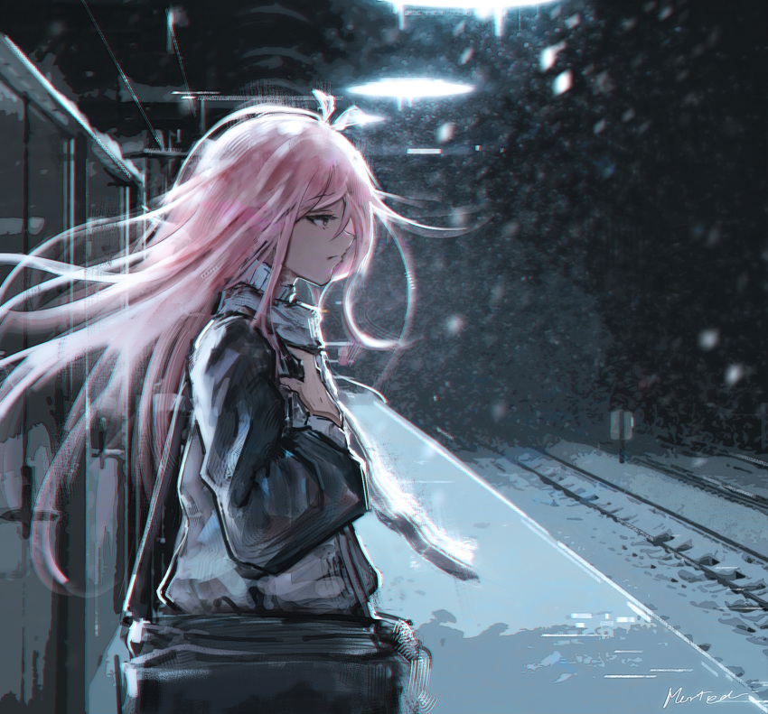 1girl, antenna_hair, bag, black_bag, black_shirt, commentary, from_side, highres