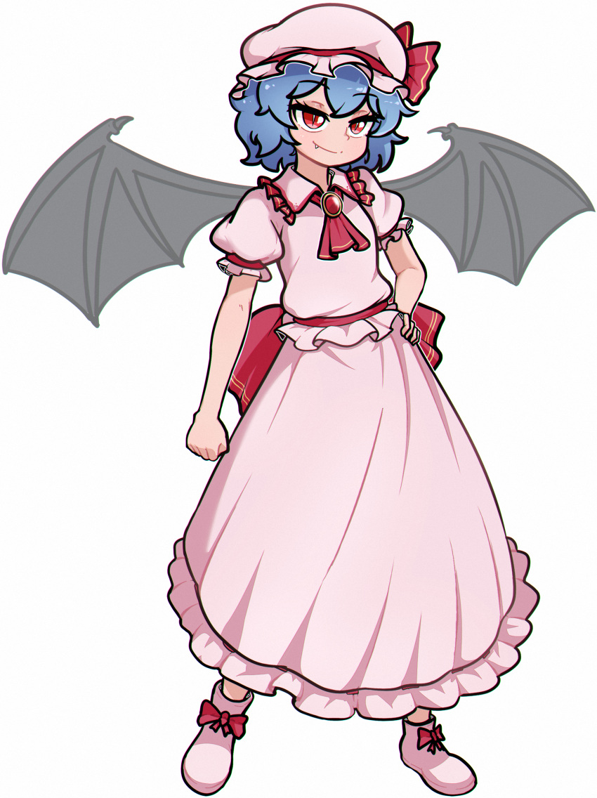 1girl, absurdres, ascot, bat_wings, blue_hair, brooch, collar, commentary_request
