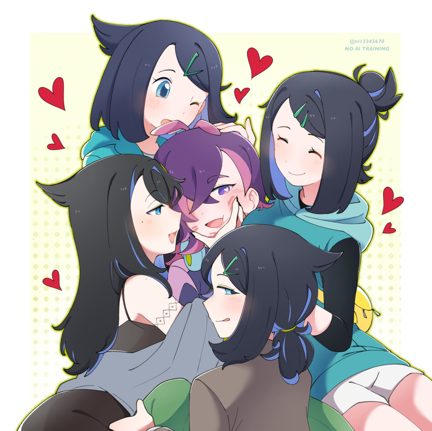 2girls, black_hair, blue_eyes, blue_hair, blush, breasts, closed_mouth, colored_inner_hair