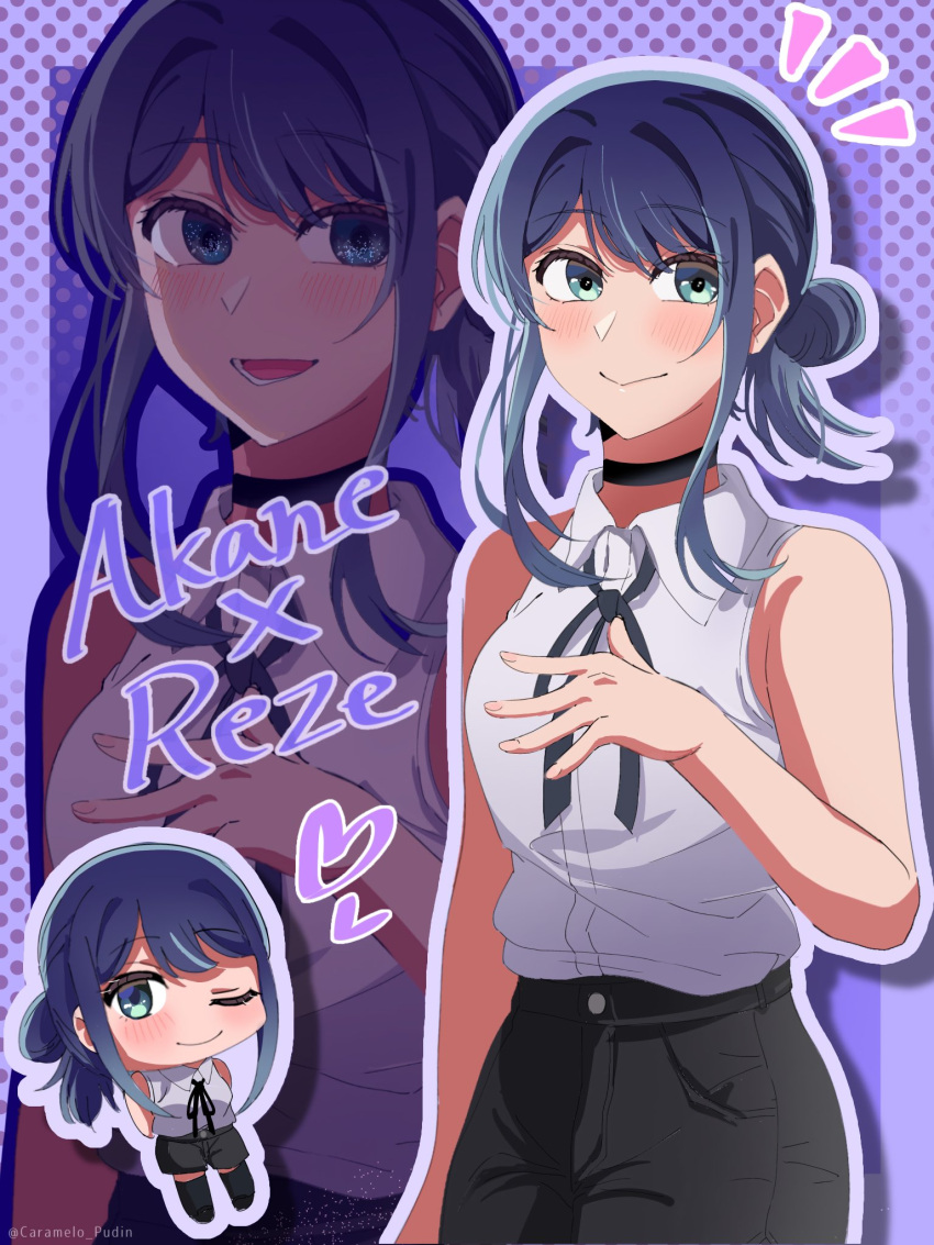 1girl, black_choker, black_ribbon, black_shorts, blue_eyes, blue_hair, caramelo_pudin, chainsaw_man, chibi, choker, collared_shirt, commentary, cosplay, english_text, hair_bun, heart, highres, kurokawa_akane, long_hair, one_eye_closed, oshi_no_ko, purple_background, reze_(chainsaw_man), ribbon, shirt, shorts, sleeveless, sleeveless_shirt, smile, solo, white_shirt