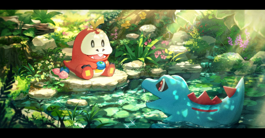 bright_pupils, commentary, day, egg, fangs, flower, fuecoco, grass