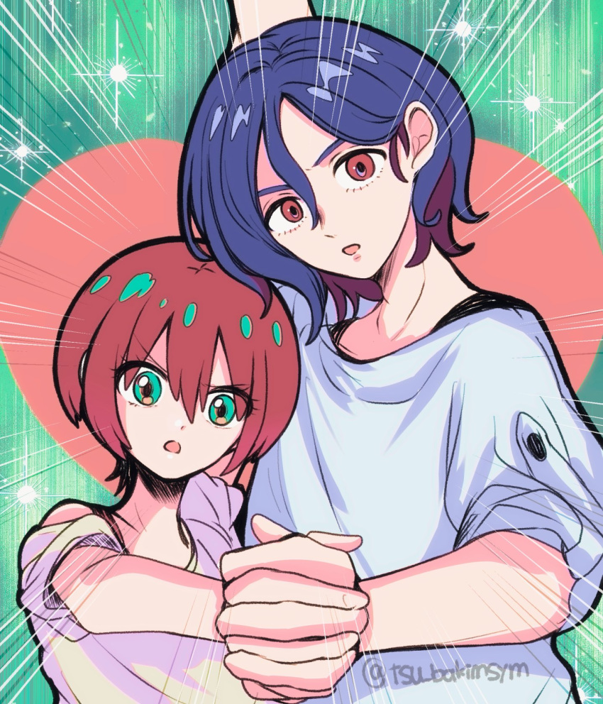 1boy, 1girl, amate_yuzuriha, aqua_eyes, blue_hair, colored_inner_hair, combined_attack, commentary_request