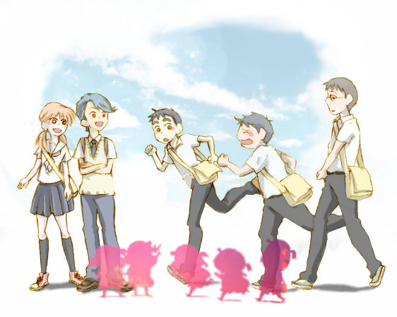 bag, belt, blonde_hair, boo-chan, brown_hair, character_request, child, closed_eyes, crayon_shin-chan, crossed_arms, glasses, kazama_tooru, necktie, nohara_shinnosuke, open_mouth, running, sakurada_nene, satchel, satou_masao, school_uniform, shirt, short_twintails, smile, translation_request, twintails, wavy_mouth