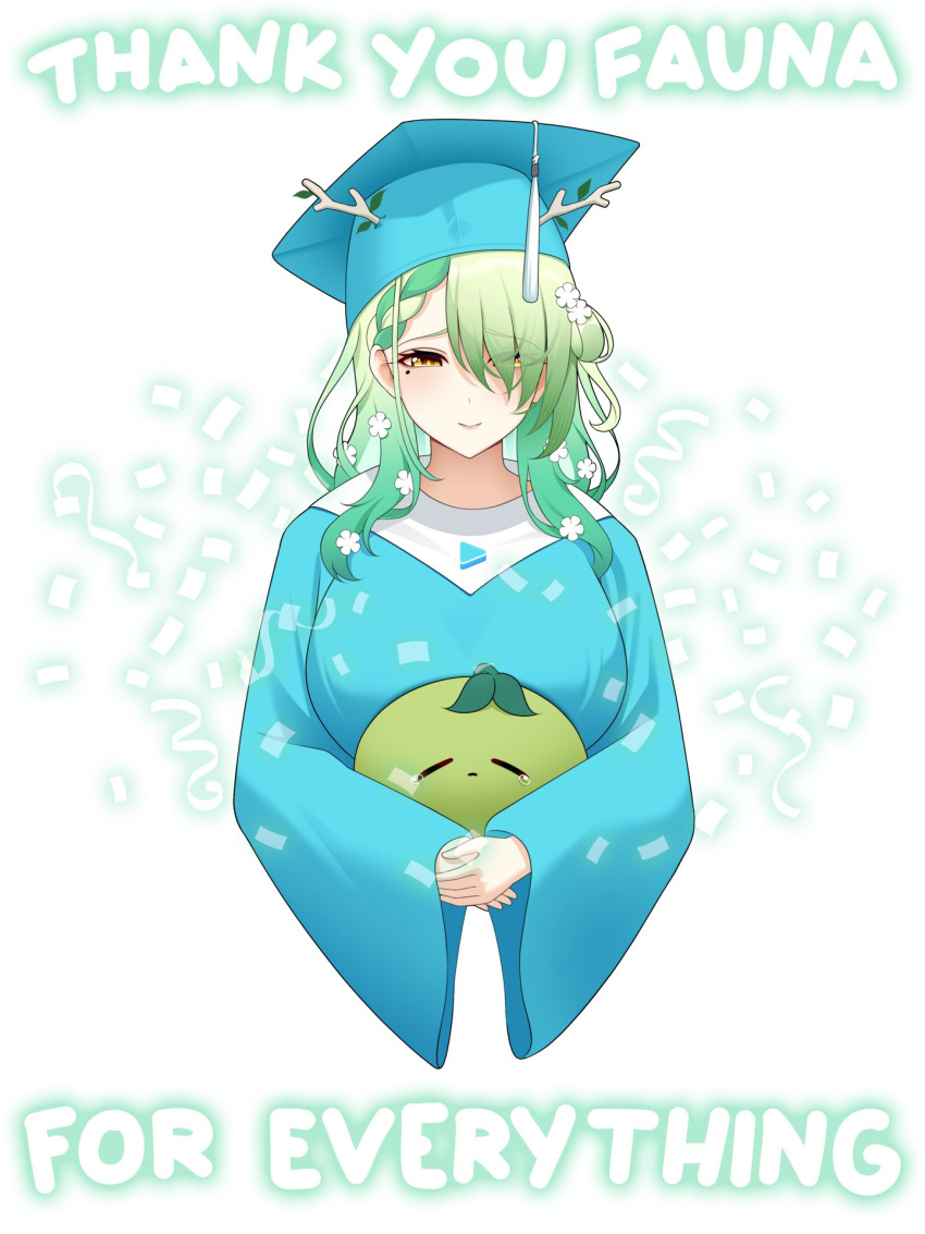1girl, alternate_costume, antlers, blue_dress, blue_hat, braid, breasts, ceres_fauna