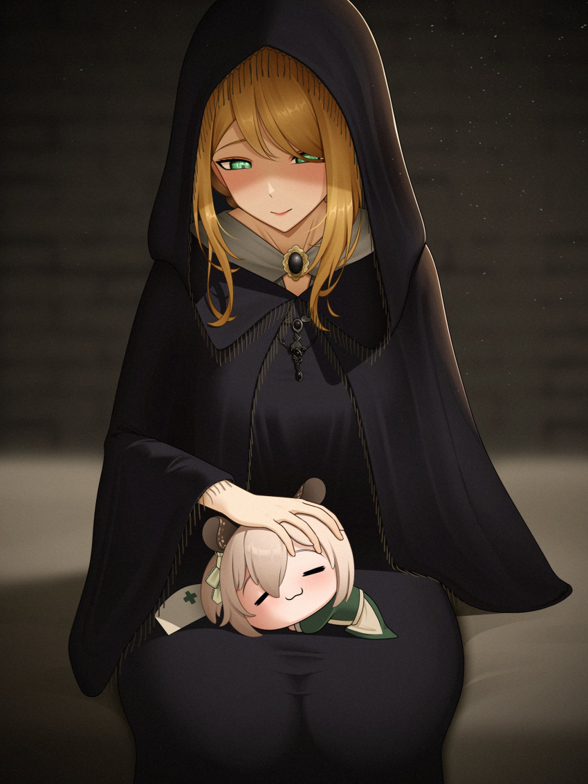 2girls, :3, absurdres, animal_ears, black_cloak, black_dress, black_gemstone, blonde_hair