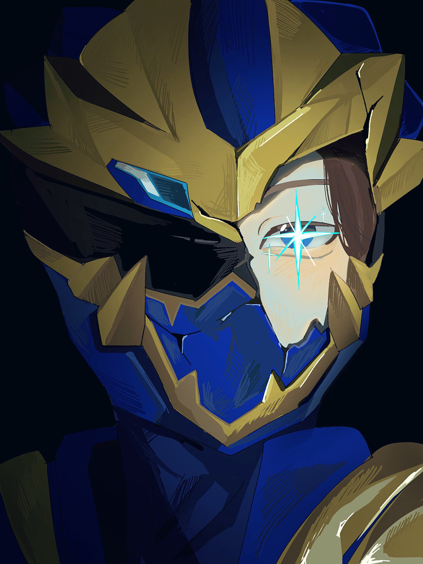 1boy, amauma2525, armor, black_background, blue_armor, blue_eyes, blue_helmet, blush