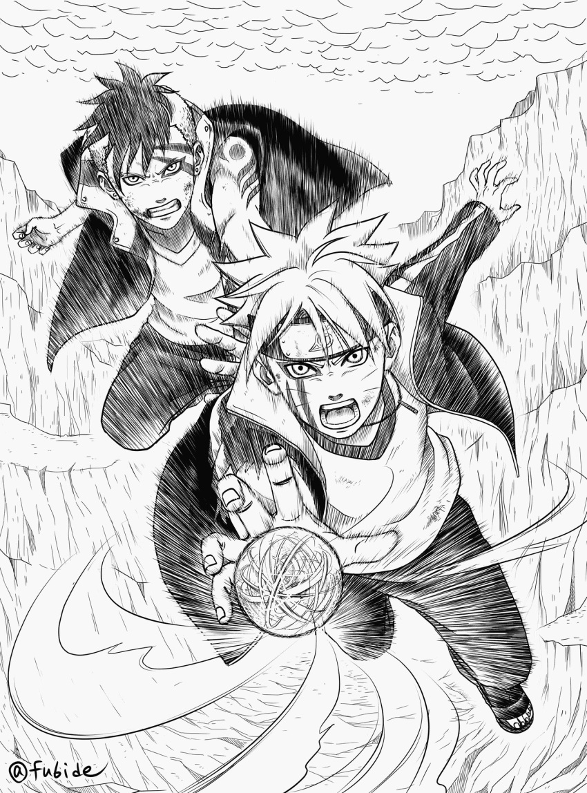 2boys, asymmetrical_hair, boruto:_naruto_next_generations, clenched_teeth, coat, commentary_request, energy_ball, facial_mark, forehead_protector, greyscale, headband, highres, jacket, jewelry, karma_(naruto), kawaki_(boruto), konohagakure_symbol, male_focus, matsu_(fu6ide2), mohawk, monochrome, multicolored_hair, multiple_boys, naruto_(series), necklace, open-toe_shoes, open_mouth, rasengan, serious, sidecut, sleeveless, sleeveless_coat, teeth, twitter_username, two-tone_hair, undercut, uzumaki_boruto