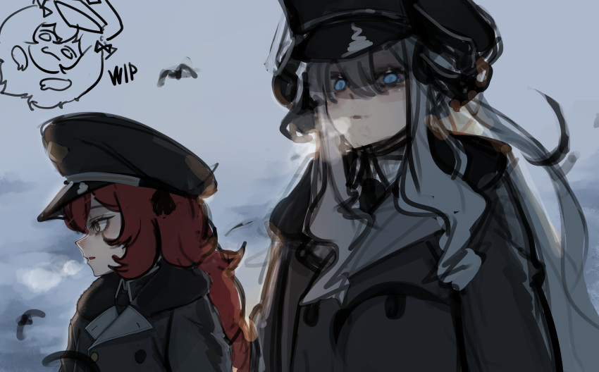 2girls, absurdres, alternate_costume, bird, black_coat, black_hat, blue_archive, breath