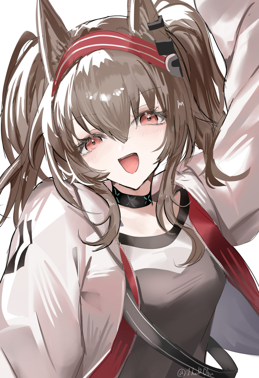 1girl, :d, absurdres, angelina_(arknights), animal_ear_fluff, animal_ears, arknights, black_choker