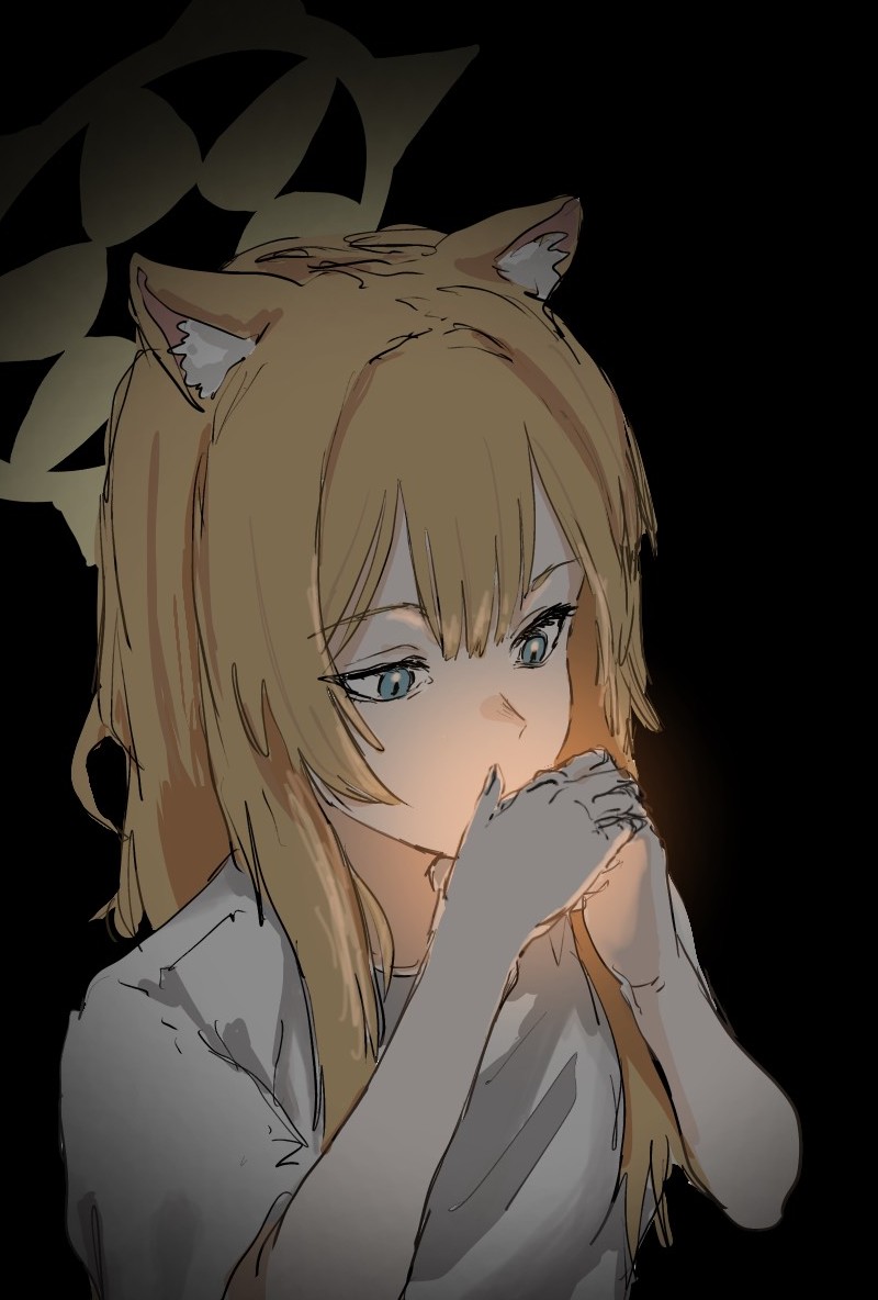 1girl, animal_ear_fluff, animal_ears, black_background, blue_archive, blue_eyes, cat_ears, cigarette, commentary, dejigura, hair_between_eyes, halo, hands_on_own_chin, hands_up, lighting_cigarette, long_sidelocks, looking_at_object, mari_(blue_archive), orange_hair, shirt, short_sleeves, sidelocks, slit_pupils, solo, white_shirt, yellow_halo