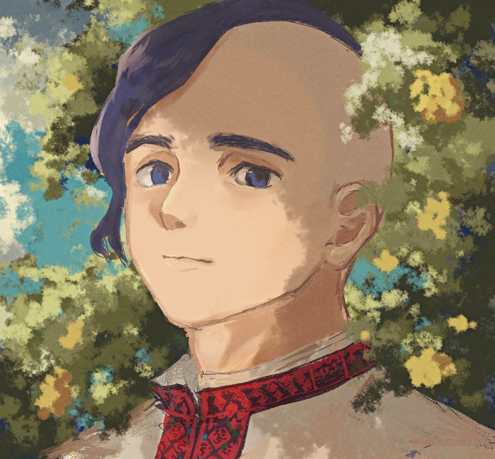 1boy, blue_sky, cossack, kikurina, leaf, looking_at_viewer, male_focus, original