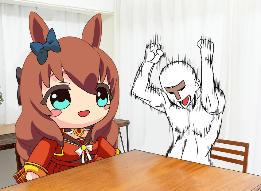 1boy, :d, blue_eyes, blue_ribbon, chair, christmas, commentary_request, curtains, doqute_stuffed_doll, dress, highres, kazakoshi_nonta, maruzensky_(racehorse), maruzensky_(umamusume), real_life_insert, red_dress, ribbon, screaming, smile, stuffed_toy, t-head_trainer_(umamusume), table, trainer_(umamusume), umamusume