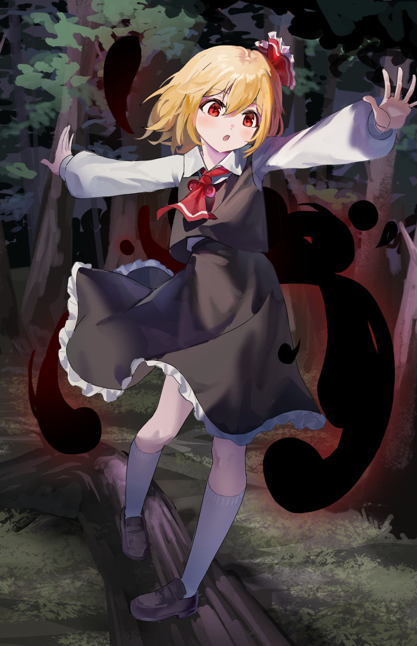1girl, absurdres, ascot, balancing, black_vest, blonde_hair, blush, boots
