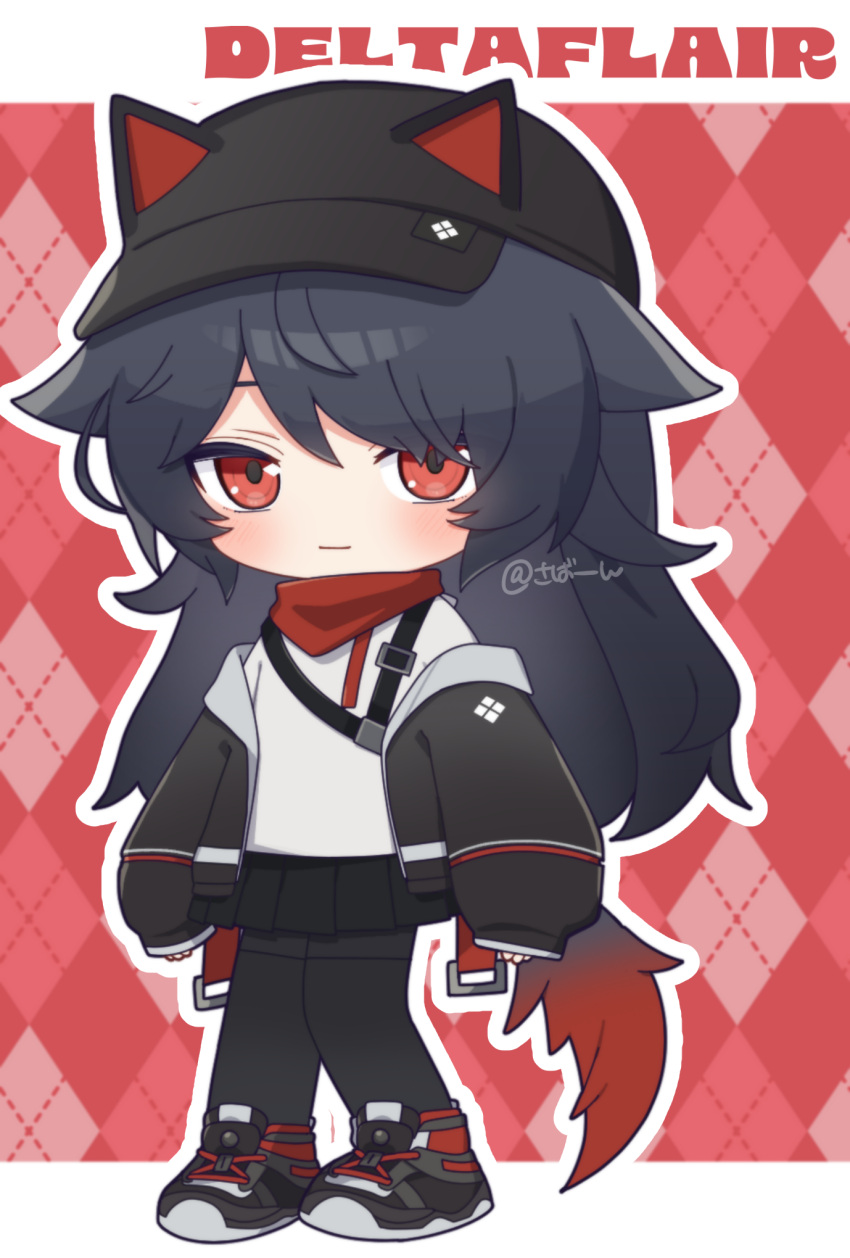 1girl, akikan_sabako, animal_ears, argyle_background, artist_name, black_hair, black_hat, black_jacket