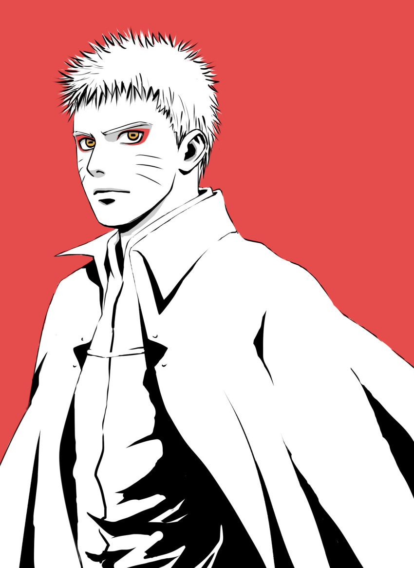 1boy, boruto:_naruto_next_generations, collared_cape, commentary_request, expressionless, eyeliner, greyscale_with_colored_background, highres