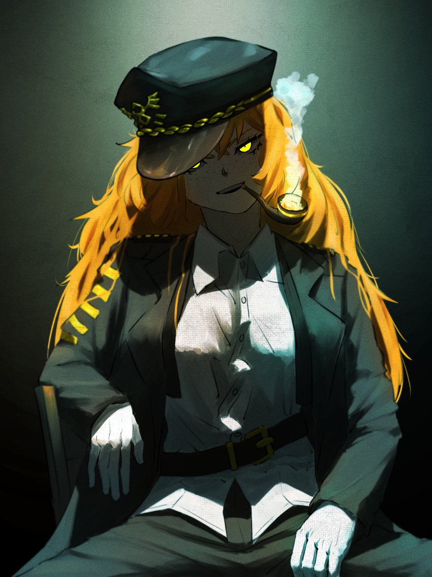 1girl, absurdres, belt, brown_belt, gloves, glowing, glowing_eyes, green_hat