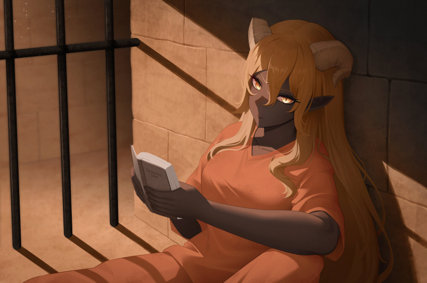 1girl, absurdres, blonde_hair, book, breasts, closed_mouth, commentary, commission