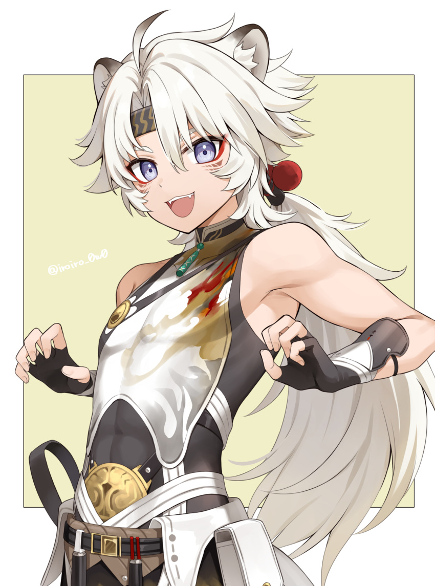 1boy, :3, :d, ahoge, animal_ear_fluff, animal_ears, arm_guards, artist_name