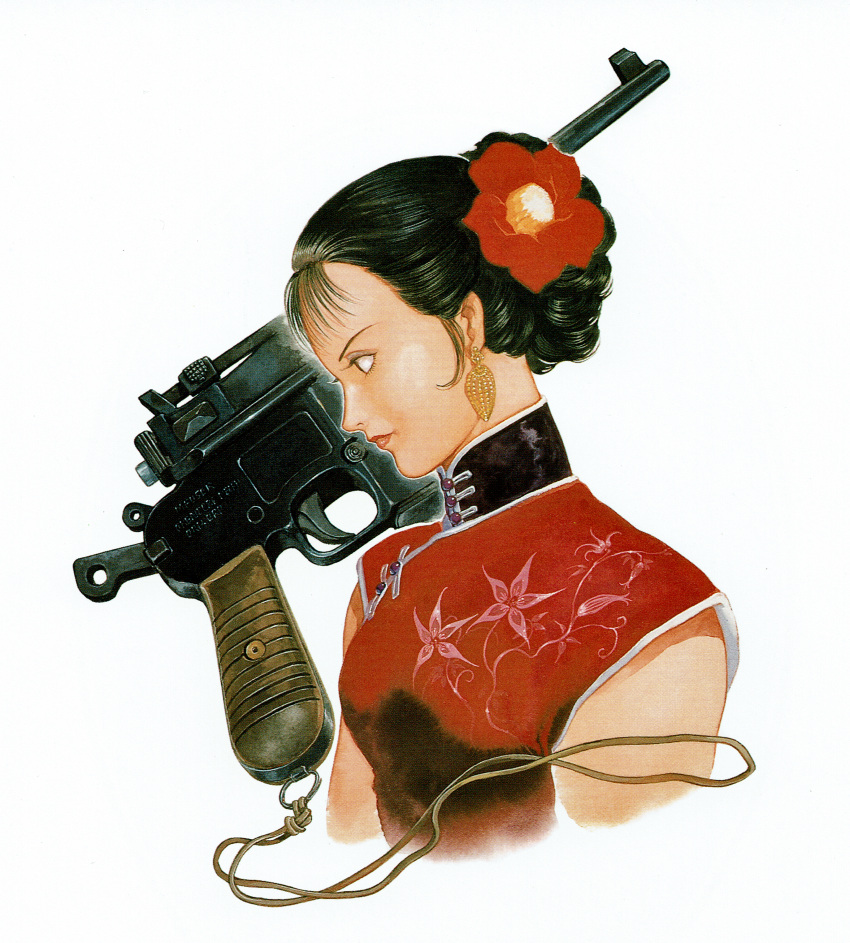 absurdres, black_hair, copyright_request, earrings, flower, gun, hair_flower, hair_ornament