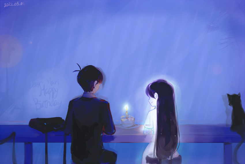 1boy, 1girl, 2022, animal, antenna_hair, bag, black_bag, black_cat