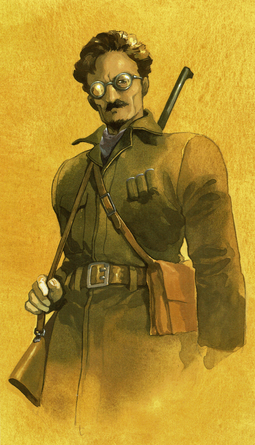 absurdres, bag, belt, coat, facial_hair, glasses, goatee, gun, highres, leon_trotsky, mustache, nijiiro_no_trotsky, non-web_source, rifle, scan, soviet_army, weapon, yasuhiko_yoshikazu
