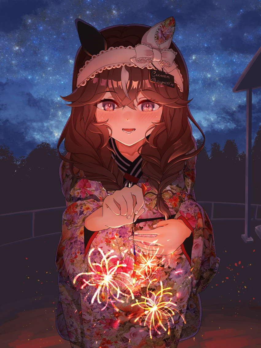 1girl, absurdres, animal_ears, blush, braid, brown_hair, commentary_request, curren_bouquetd'or_(umamusume)