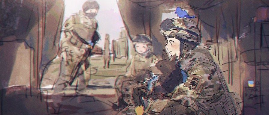 1girl, 2boys, azov_battalion, bird, bulletproof_vest, combat_helmet, dog, gun