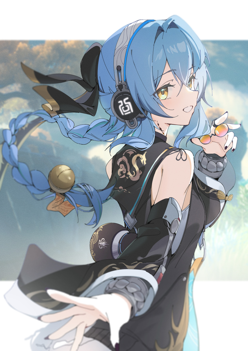 1girl, absurdres, bare_shoulders, black_jacket, black_nails, blue_hair, braid, breasts