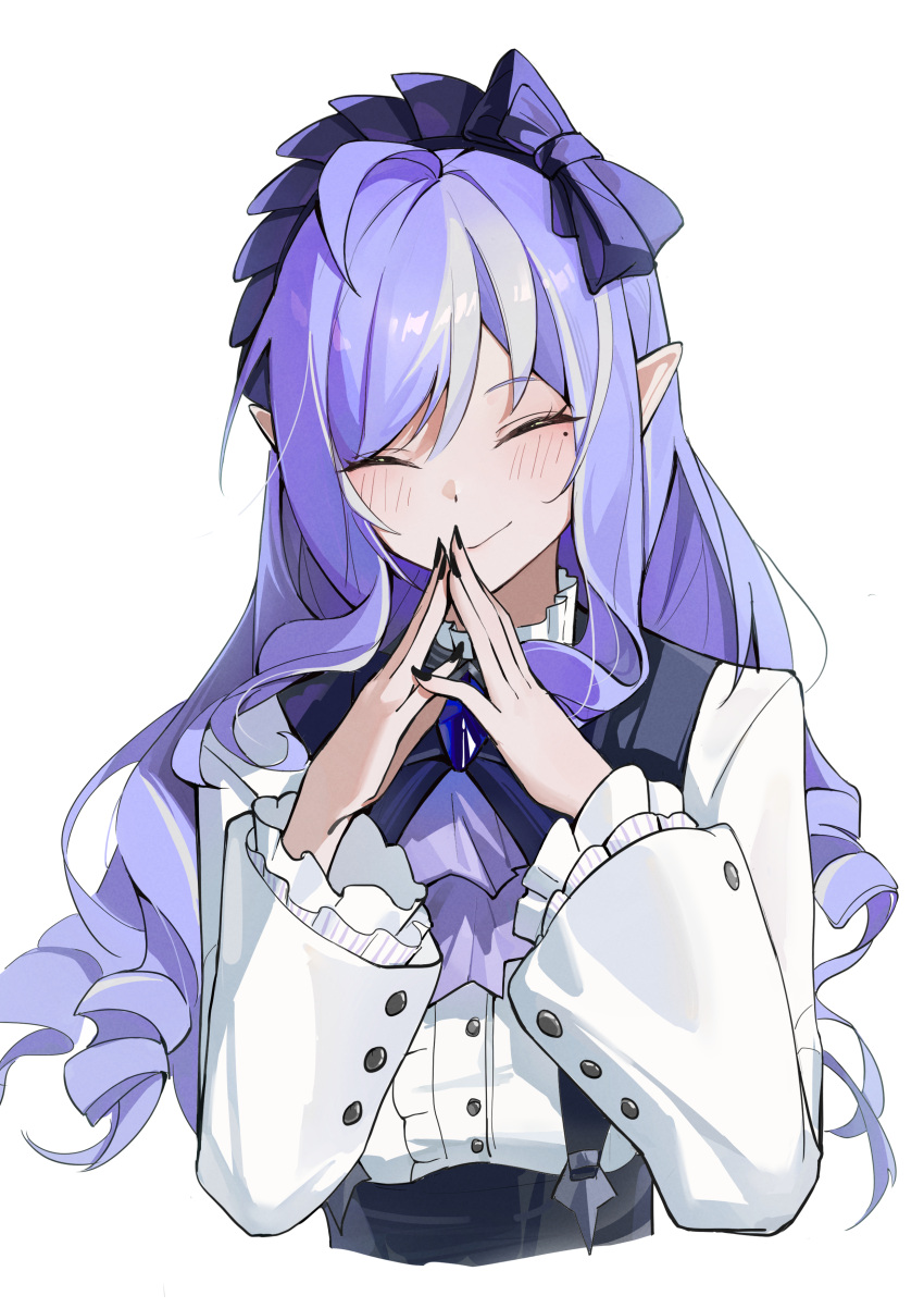 1girl, absurdres, adapted_costume, ascot, black_nails, bow, breasts, center_frills