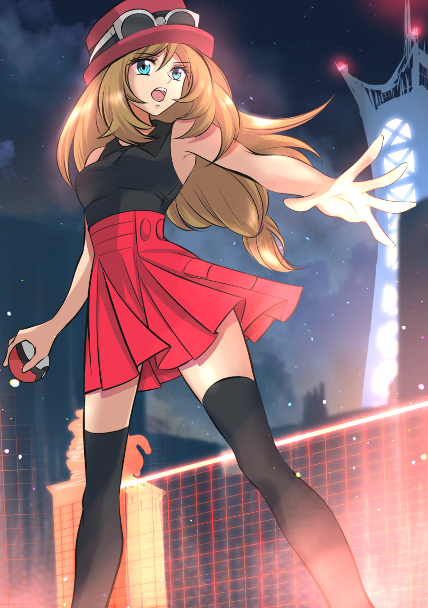 1girl, bare_shoulders, black_shirt, black_thighhighs, blue_eyes, brown_hair, collared_shirt, commentary_request, eyewear_on_head, feet_out_of_frame, hat, highres, holding, holding_poke_ball, long_hair, lumiose_city, maskmaya1, miniskirt, night, outdoors, pleated_skirt, poke_ball, poke_ball_(basic), pokemon, pokemon_legends:_z-a, pokemon_xy, red_hat, red_skirt, serena_(pokemon), shirt, skirt, sleeveless, sleeveless_shirt, solo, standing, sunglasses, thigh-highs, zettai_ryouiki