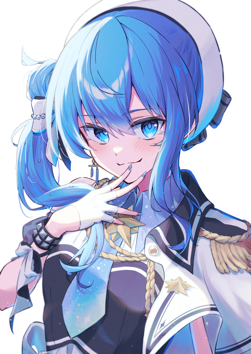 1girl, beret, blue_eyes, blue_hair, blue_nails, blue_necktie, blue_shirt, bow