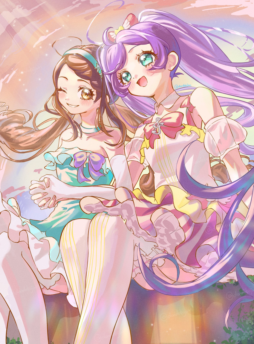 2girls, :d, aqua_choker, aqua_dress, aqua_hairband, arm_at_side, bare_shoulders, blush, bow, brown_eyes, brown_hair, choker, clouds, collar, commentary_request, detached_collar, detached_sleeves, dondoko_(dondokojan), dress, dress_bow, ehime_nao, elbow_gloves, floating_hair, frilled_thigh_strap, from_below, gloves, green_eyes, grin, hair_bow, hairband, highres, holding_hands, idol, idol_clothes, layered_dress, legs_together, light_rays, long_hair, looking_ahead, looking_at_viewer, manaka_laala, multicolored_dress, multiple_girls, outdoors, pink_dress, pretty_series, pripara, puffy_short_sleeves, puffy_sleeves, purple_bow, purple_hair, red_bow, see-through_clothes, see-through_sleeves, short_dress, short_sleeves, sitting, sleeveless, sleeveless_dress, smile, straight_hair, strapless, striped_clothes, striped_dress, thigh-highs, thigh_strap, treble_clef, twintails, twitter_username, vertical-striped_clothes, vertical-striped_dress, very_long_hair, white_collar, white_dress, white_gloves, white_thighhighs, yellow_dress