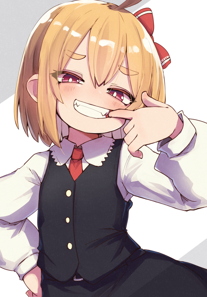 1girl, absurdres, black_skirt, black_vest, blonde_hair, bow, commentary_request, fangs