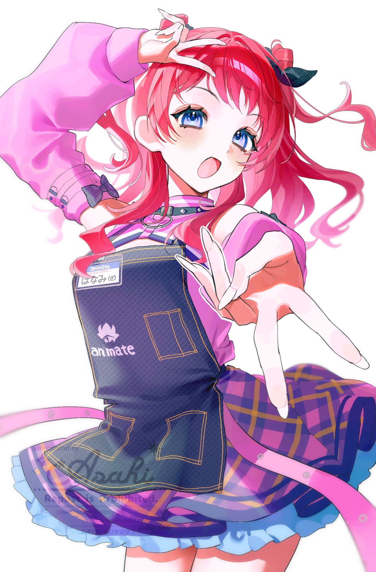 1girl, animate_(company), apron, blue_eyes, commentary_request, double_v, gakuen_idolmaster, hanami_saki