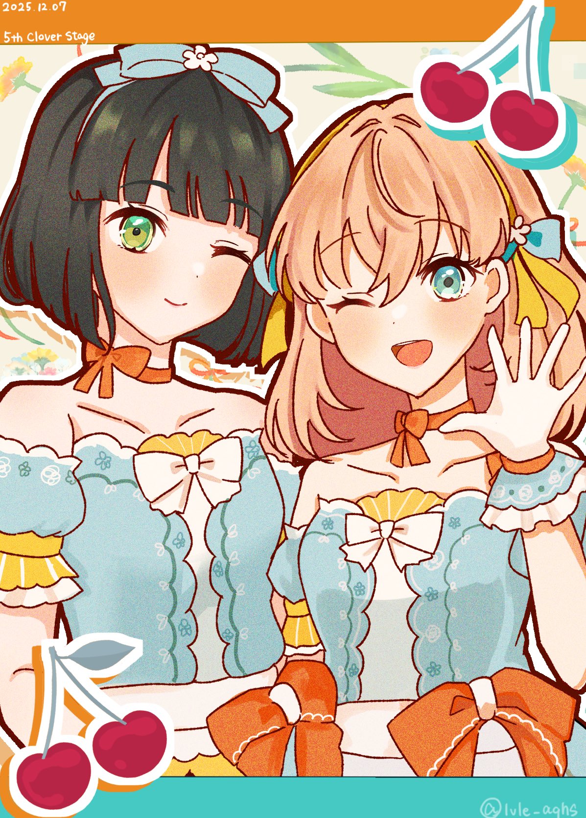 2girls, 5th_live_tour_~4pair_power_spread!!!!~, ;), ;d, aqua_eyes, bare_shoulders, black_hair, blue_dress
