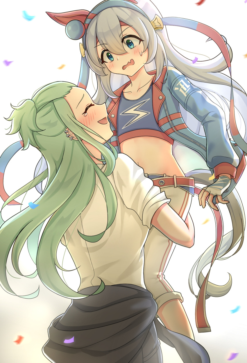 2girls, animal_ears, belt, blue_eyes, blue_hairband, blue_jacket, blue_sports_bra, blush