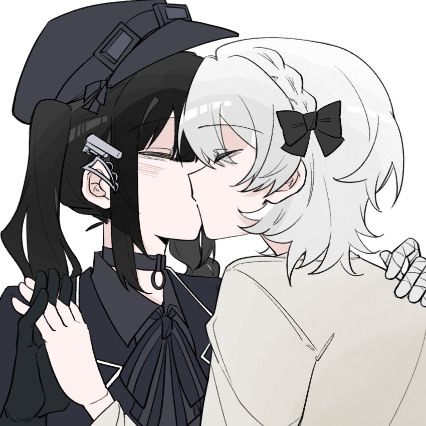 2girls, bentou0617, black_hair, black_hat, choker, closed_mouth, hashtag-only_commentary, hat