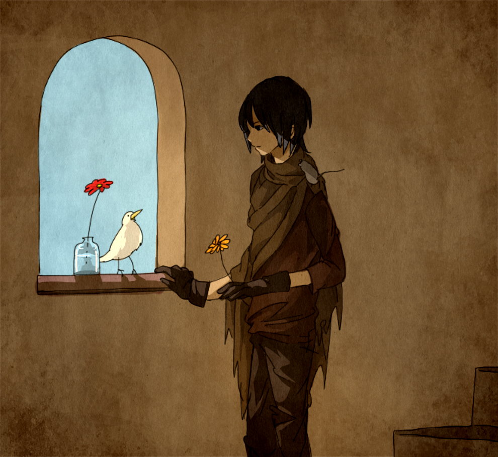 animal, bad_id, bird, black_hair, flower, gloves, ine_(zx_o4), male