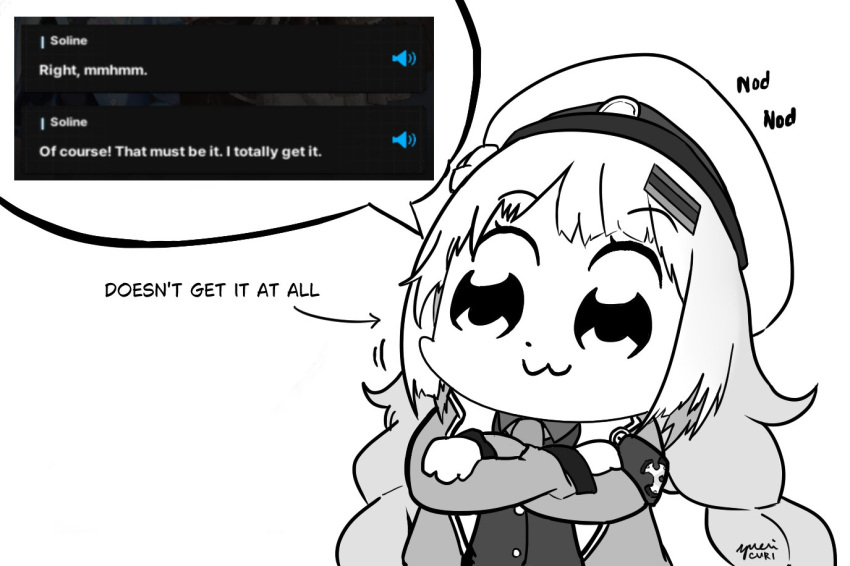 1girl, :3, artist_name, closed_mouth, cowboy_shot, crossed_arms, english_text, game_screenshot_inset, goddess_of_victory:_nikke, greyscale, hashtag-only_commentary, hat, long_hair, lunariselsydia, monochrome, necktie, nodding, parody, parody_request, smile, soline_(frost_ticket)_(nikke), soline_(nikke), solo, style_parody