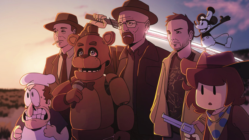 5boys, animatronic, beard, breaking_bad, brown_hair, brown_hat, brown_jacket, brown_necktie, brown_shirt, character_request, chef_hat, collared_shirt, commentary, commission, copyright_request, donut_tweetz, english_commentary, facial_hair, five_nights_at_freddy's, freddy_fazbear, glasses, gun, hat, highres, holding, holding_gun, holding_microphone, holding_sword, holding_weapon, jacket, jesse_pinkman, julius_robert_oppenheimer, katana, mickey_mouse, mickey_mouse_&amp;_friends, microphone, mini_hat, mini_top_hat, multiple_boys, necktie, open_clothes, open_jacket, oppenheimer_(movie), outdoors, peppino_spaghetti, pizza_tower, revolver, shirt, short_hair, smoking, steamboat_willie, sword, top_hat, walter_white, weapon, white_hat, white_shirt