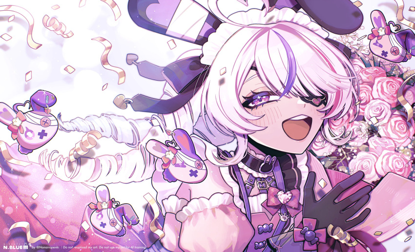 1girl, absurdres, ahoge, animal_ears, artist_name, black_bow, black_gloves, bouquet, bow, confetti, dress, drill_hair, eyepatch, fake_animal_ears, frilled_dress, frills, gloves, half-closed_eyes, heart, heart_ahoge, highres, holding, holding_bouquet, long_hair, looking_at_viewer, maid, maid_headdress, maria_marionette, maria_marionette_(maid), marippet_(maria_marionette), multicolored_hair, natchan_blue_(nanairopenki), nijisanji, nijisanji_en, open_mouth, pink_eyes, pink_hair, puffy_sleeves, purple_hair, rabbit_ears, smile, streaked_hair, teeth, twin_drills, twitter_username, upper_teeth_only, virtual_youtuber