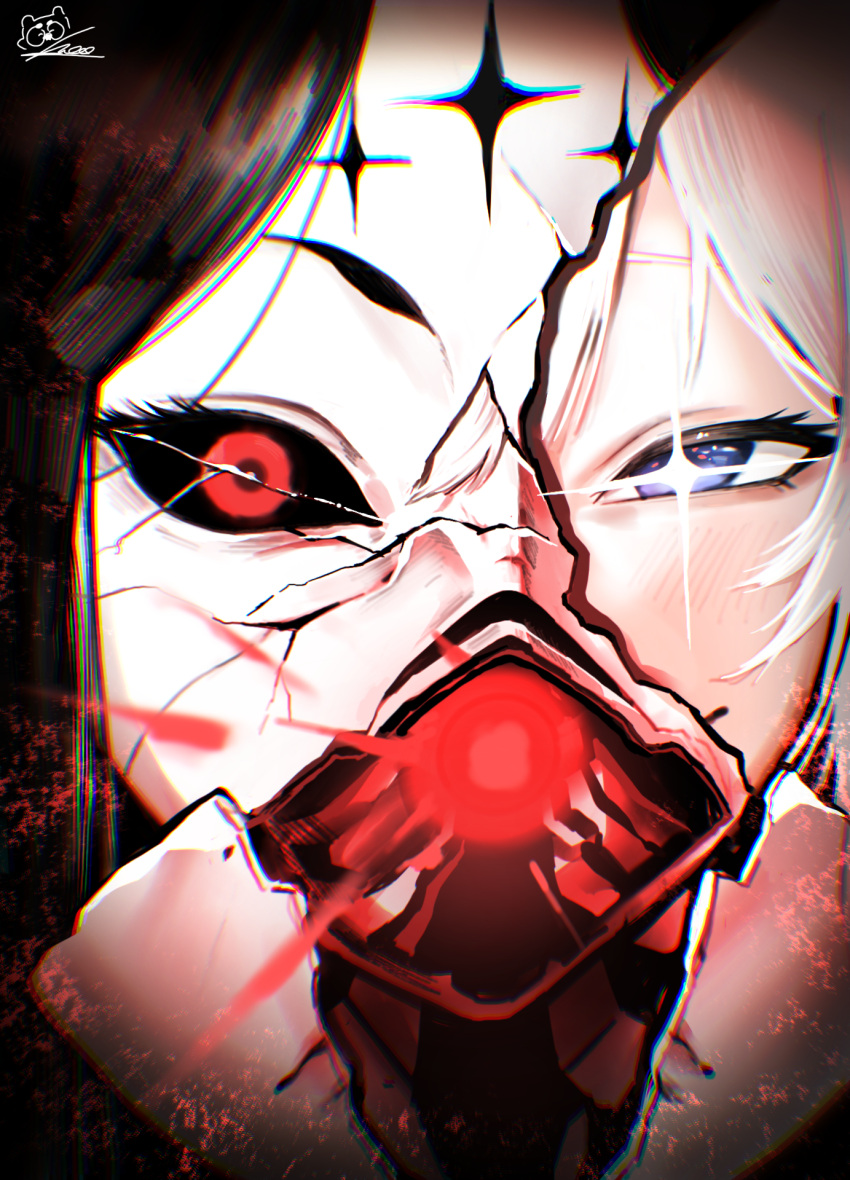 2girls, black_eyes, blue_eyes, blush, commentary, cracked_mask, goddess_of_victory:_nikke, highres, ice_bear, liliweiss_(nikke), multiple_girls, portrait, rapture_queen_(nikke), red_eyes, red_pupils, shiny_eyes, signature, smile, spoilers, star-shaped_pupils, star_(symbol), symbol-shaped_pupils, white_hair