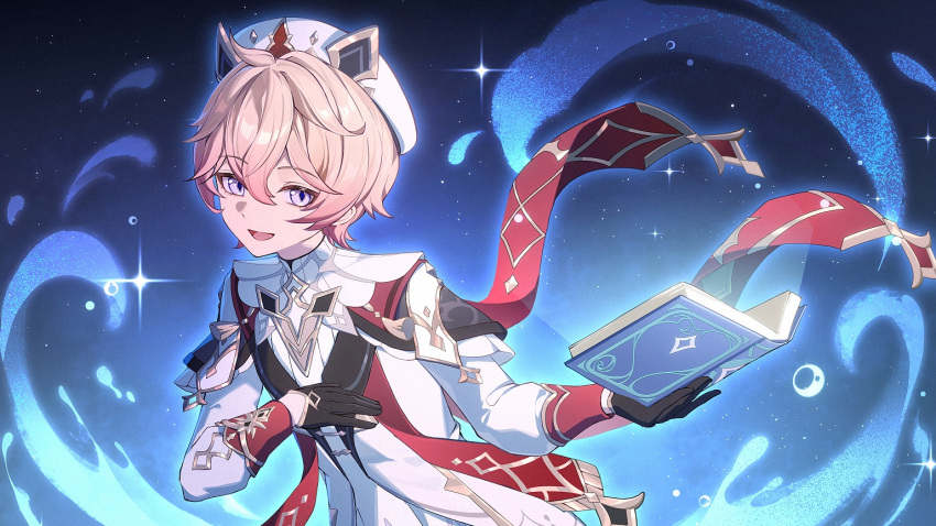 1boy, beret, black_gloves, book, cape, chinese_commentary, commentary_request, dahlia_(genshin_impact), genshin_impact, gloves, hair_between_eyes, hat, holding, holding_book, long_sleeves, looking_at_viewer, male_focus, open_book, open_mouth, pink_hair, red_cape, shirt, short_hair, smile, solo, sucui_qiuqiu, upper_body, violet_eyes, white_hat, white_shirt