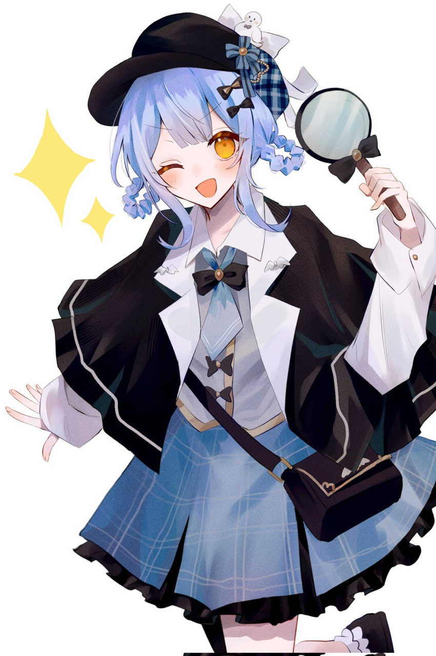 1girl, ;d, black_bag, black_capelet, black_hat, blue_hair, blue_necktie, blue_skirt, braid, braided_hair_rings, capelet, collared_shirt, commentary_request, deerstalker, detective, grey_vest, hair_rings, hat, highres, holding, holding_magnifying_glass, long_sleeves, looking_at_viewer, magnifying_glass, mahou_shoujo_no_majo_saiban, necktie, one_eye_closed, open_mouth, pleated_skirt, shirt, short_hair, simple_background, skirt, smile, solo, sparkle, standing, standing_on_one_leg, tachibana_sherry, taimu_(htrgt_31), vest, white_background, white_shirt, yellow_eyes