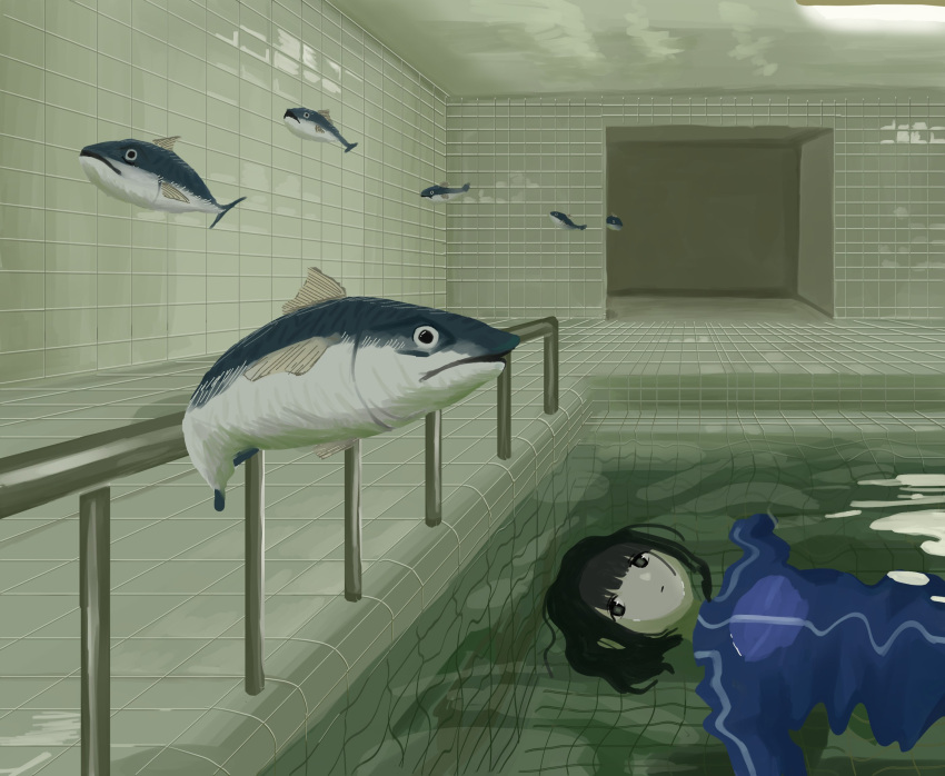 1girl, afloat, black_hair, blue_jacket, dream_pool, expressionless, fins, fish