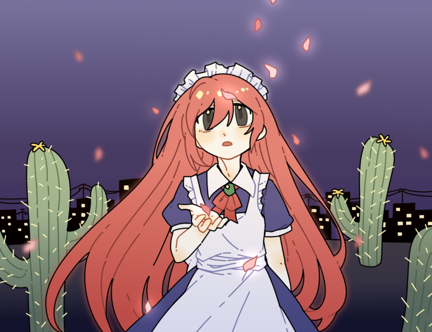 1girl, apron, bai_he, blue_dress, brooch, cactus, commentary_request, dress